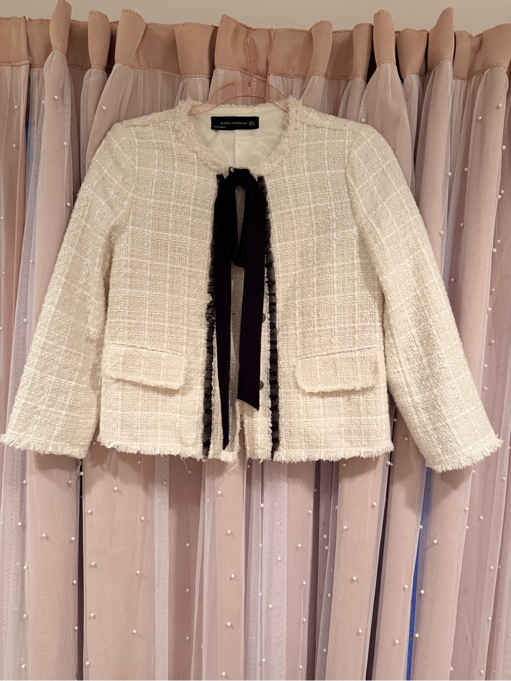 Zara Woman Cream Tweed Jacket with Black Ribbon Detail